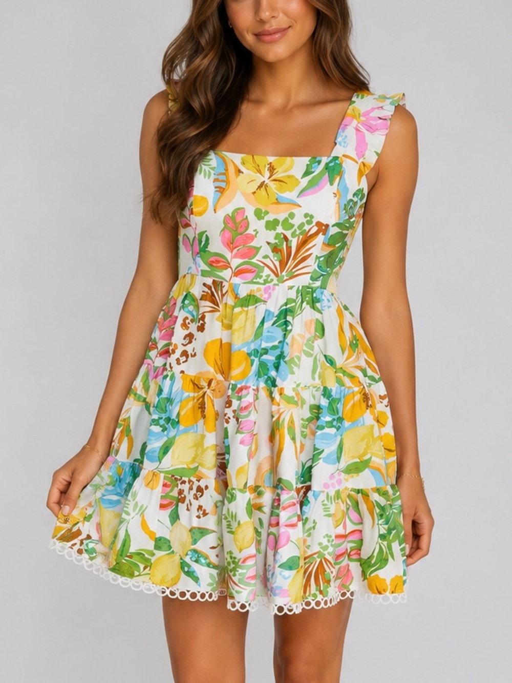 🆕🌿🌸🌼AQUA Bloomingdale’s Tropical Floral Tiered Mini Dress White Multicolor Size